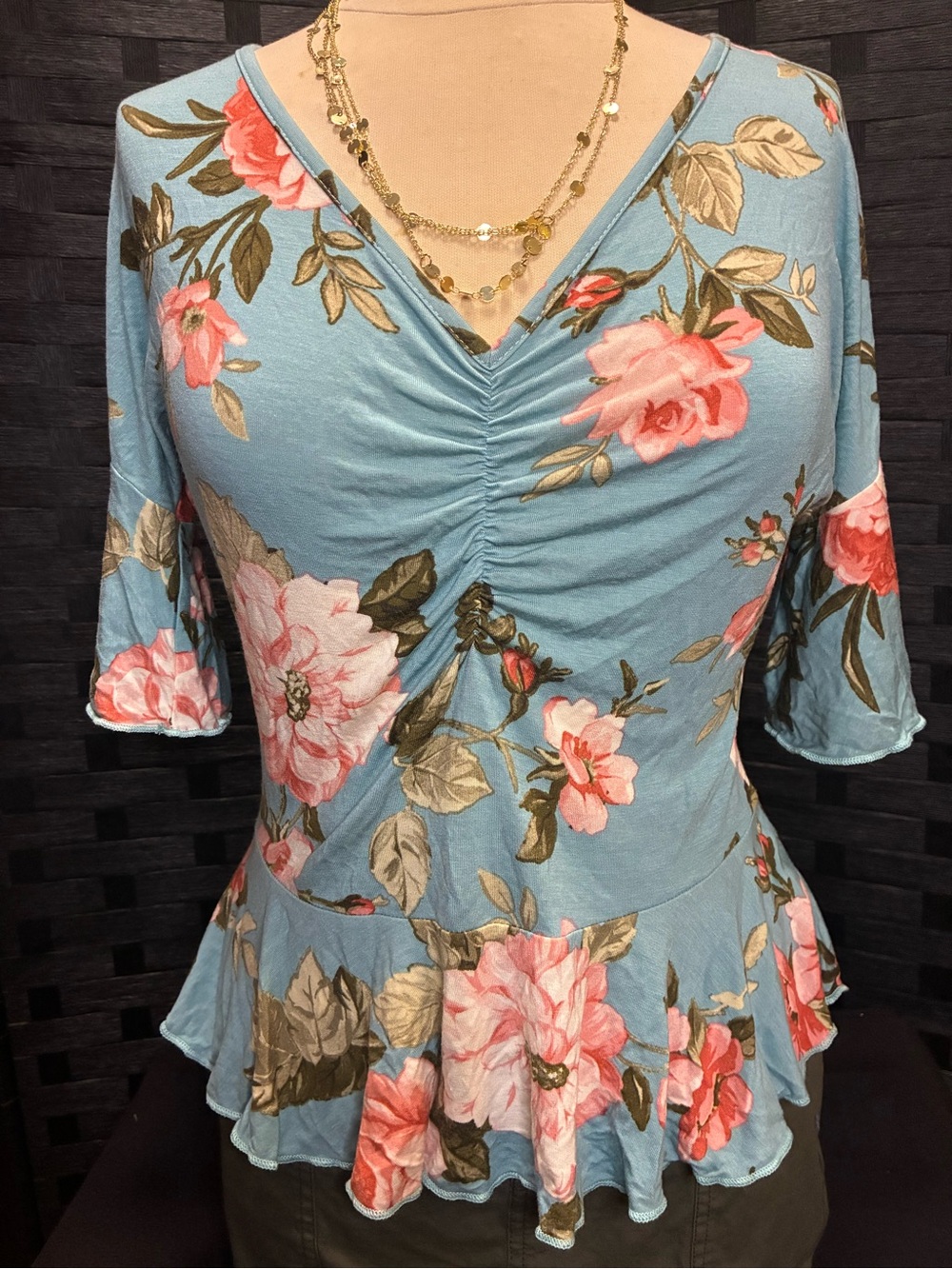Persaya Blue Floral Ruched V-Neck Peplum Blouse